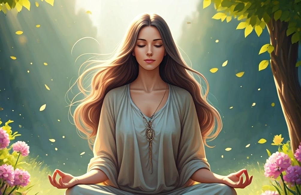 beautiful woman meditating in peaceful atmosphere