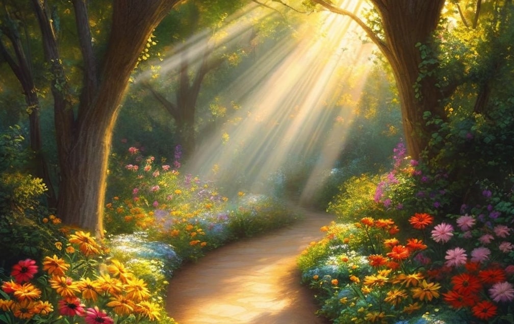 beautiful pathway that goes around a corner with flowers, trees and beams of spiritual light