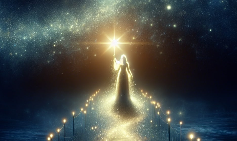 magical figure outlined in light holding up a star