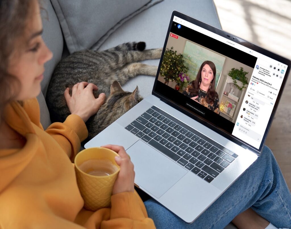 Woman watching Saratoga's live streamed Q&A in the Cosmic Journey Facebook Group