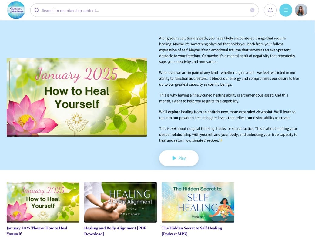 A screenshot of the monthly theme page in the Cosmic Journey Membership, showing the January theme "How to Heal Yourself"