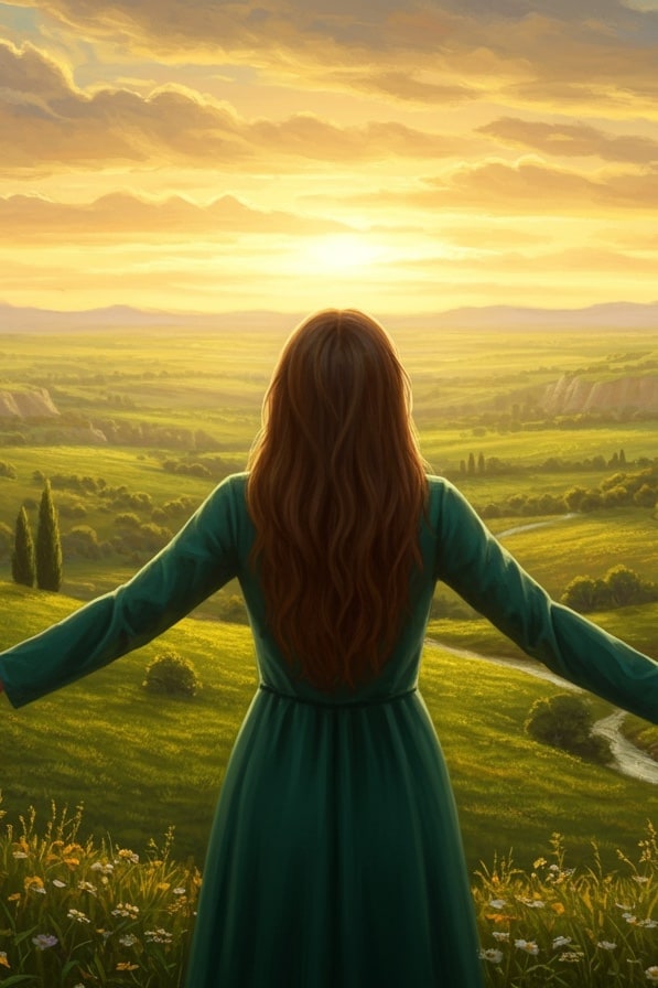 Woman looking out toward sunrise over a green natural landscape